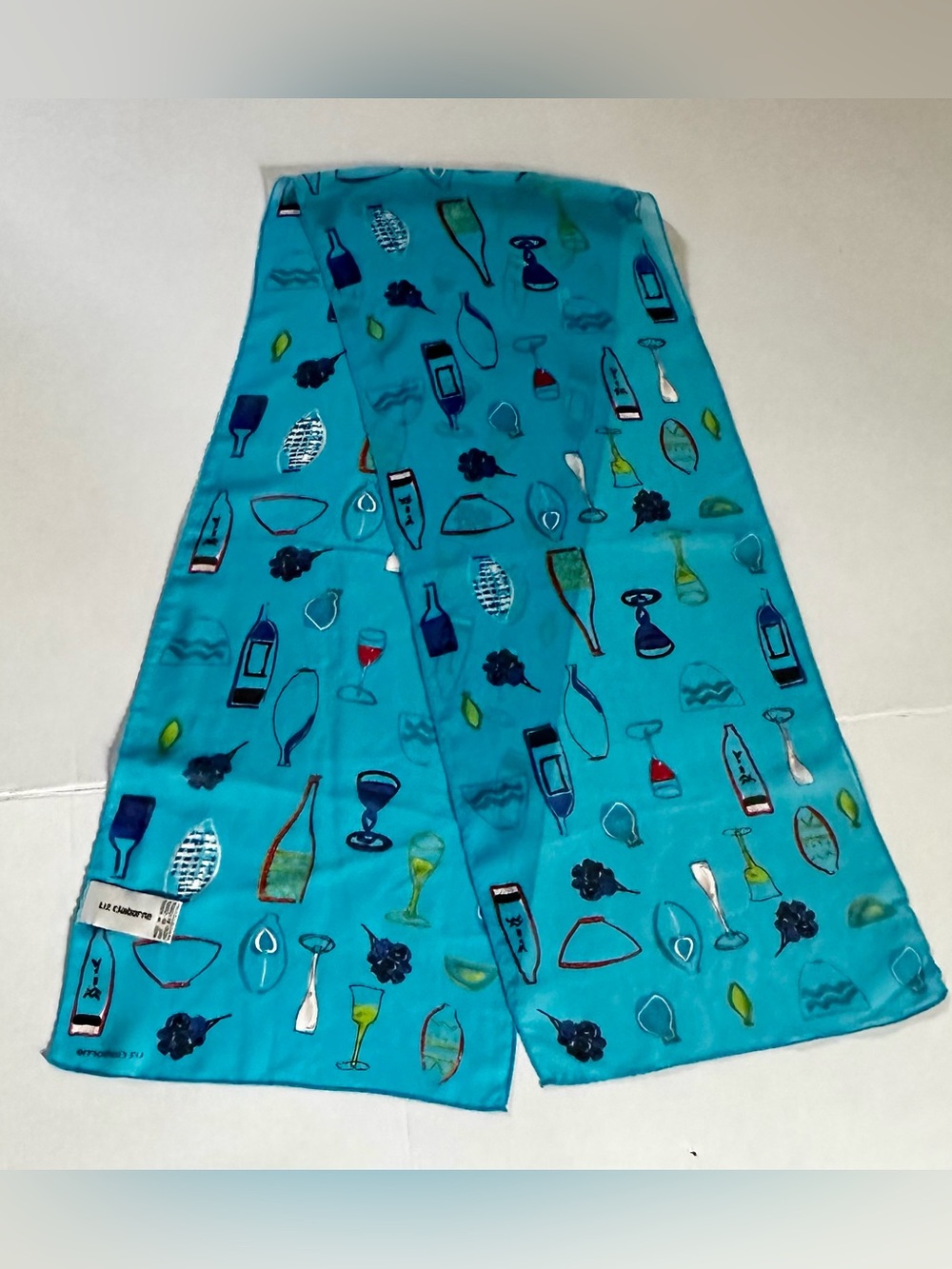 VTG 1980s-90s Liz Claiborne Turquoise Blue Wine & Grapes Print Sheer Scarf
